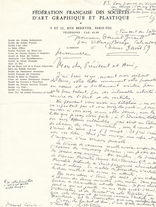 XXe s. Marcel LUCAIN aide le graveur Daniel-Girard promotion 2 lettre autographe 1 carte