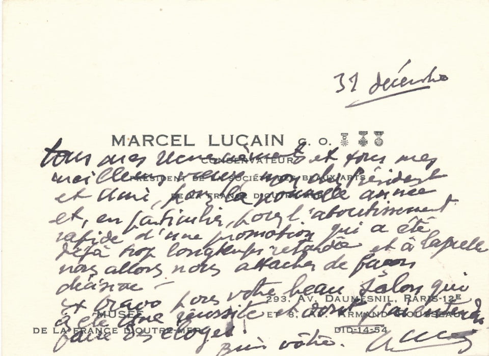 XXe s. Marcel LUCAIN aide le graveur Daniel-Girard promotion 2 lettre autographe 1 carte