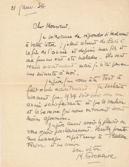 XXe s. Marcel Grommaire la nouvelle année sans veulerie et basesse lettre autographe