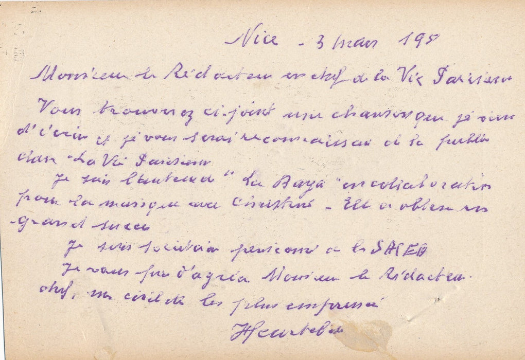 Marcel HEURTEBISE carte autographe signée chanson Baya auteur et portrait
