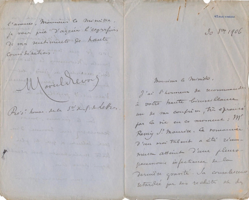 Partager littérature Marcel Prévost lettre autographe signée Remy Saint-Maurice ministre