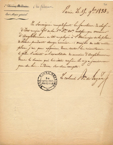 Première Division militaire D Anglebermer document signé 1833