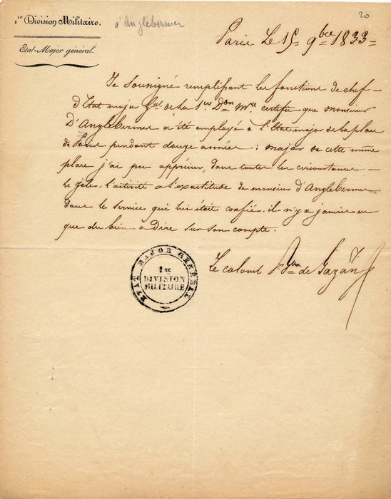 Première Division militaire D Anglebermer document signé 1833