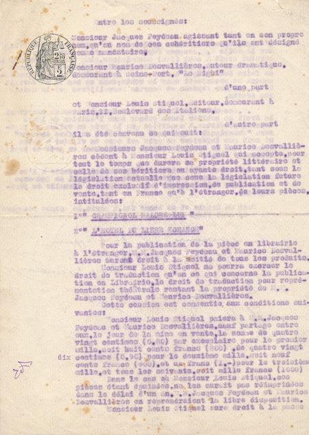 Maurice DESVALLIERES Jacques FEYDEAU L. STIGUEL pièce signée droits Champignol