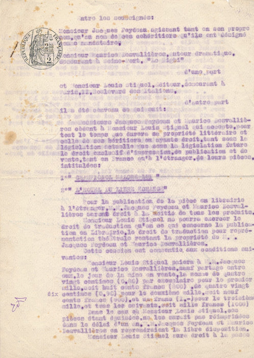 Maurice DESVALLIERES Jacques FEYDEAU L. STIGUEL pièce signée droits Champignol