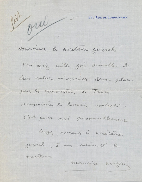 Partager Maurice Magre veut voir les Trois Mousquetaires lettre autographe signées