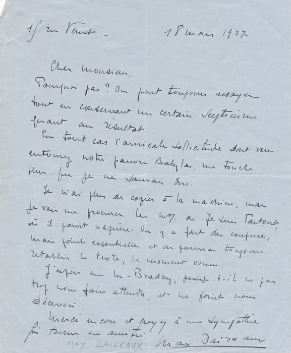 Max Daireaux vient en aide à un confrère de Je suis partout lettre autographe