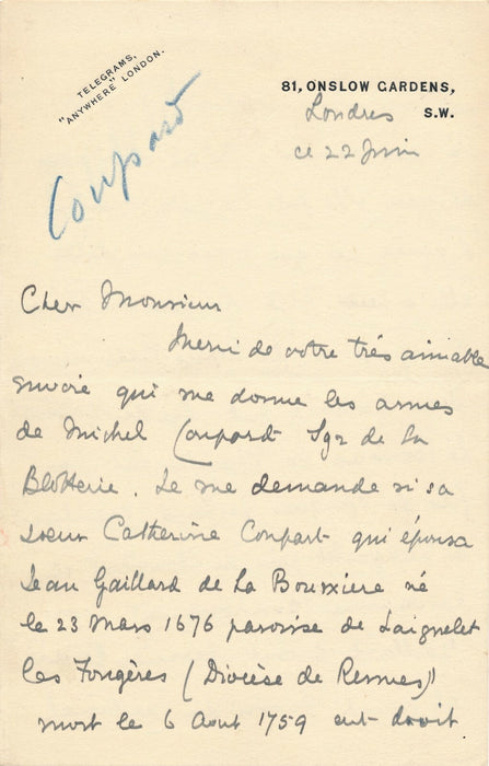 Généalogie sur Michel COUPARD de LA BLOTTERIE Maine Sarthe