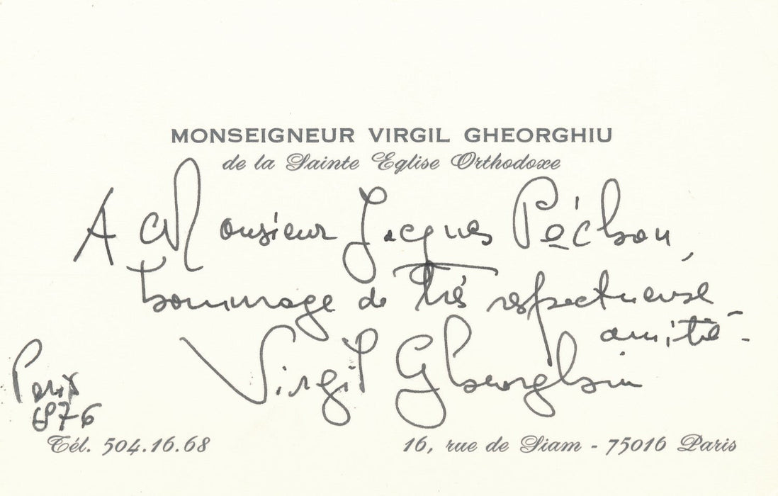 Monseigneur Virgil GHEORGHIU remercie autographe signée carte orthodoxe religion