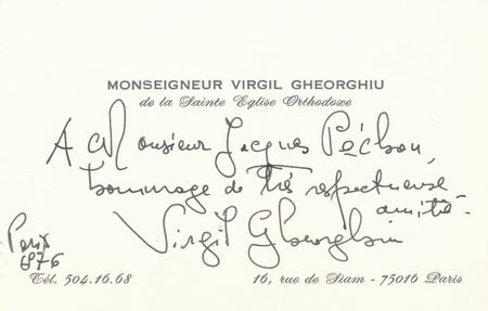 Monseigneur Virgil GHEORGHIU remercie autographe signée carte orthodoxe religion