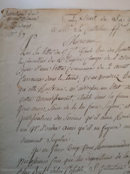 M. Joly entreposeur de tabacs, 1813, département Mont-Blanc documents époque