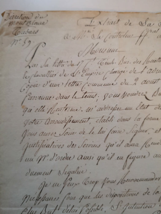 M. Joly entreposeur de tabacs, 1813, département Mont-Blanc documents époque