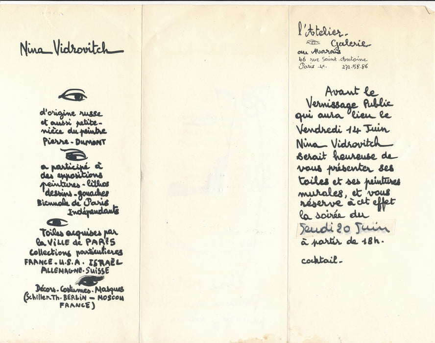 Nina VIDROVITCH carton invitation exposition avec dessin signé et autographe