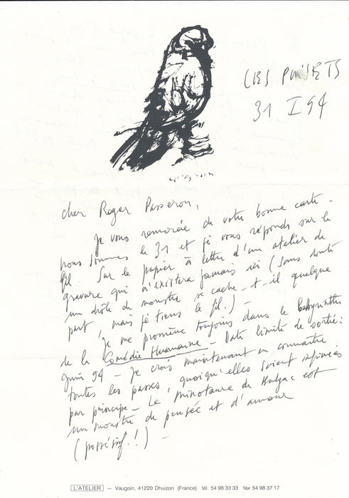 XXe s. Norbert CASSEGRAIN Condition humaine Balzac Enfer lettre autographe signée