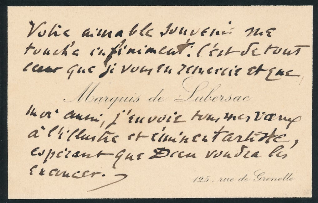 Odon de LUBERSAC carte autographe à FEBVRE de la Comédie-Française Dieu