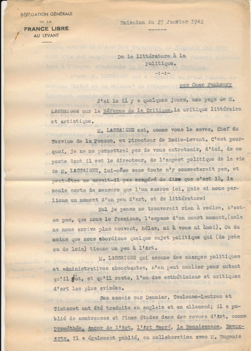 Omar FAKHOURY  libanais Liban texte dactylographié 1942 France libre guerre