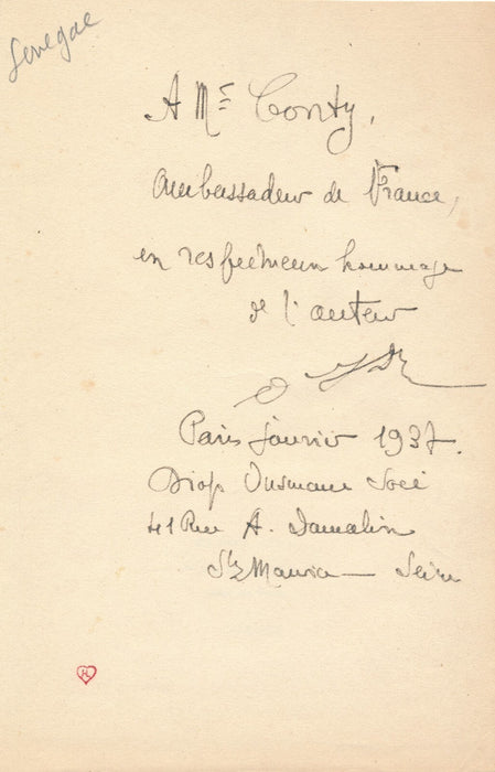 écrivain Sénégal Ousmane DIOP SOCÉ dédicace autographe signée