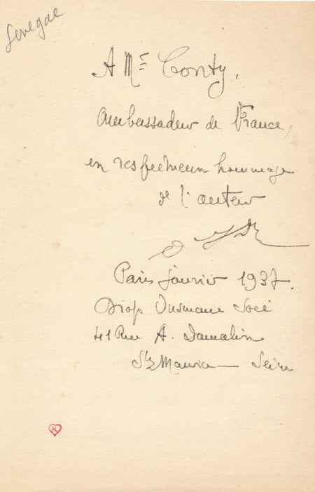 écrivain Sénégal Ousmane DIOP SOCÉ dédicace autographe signée
