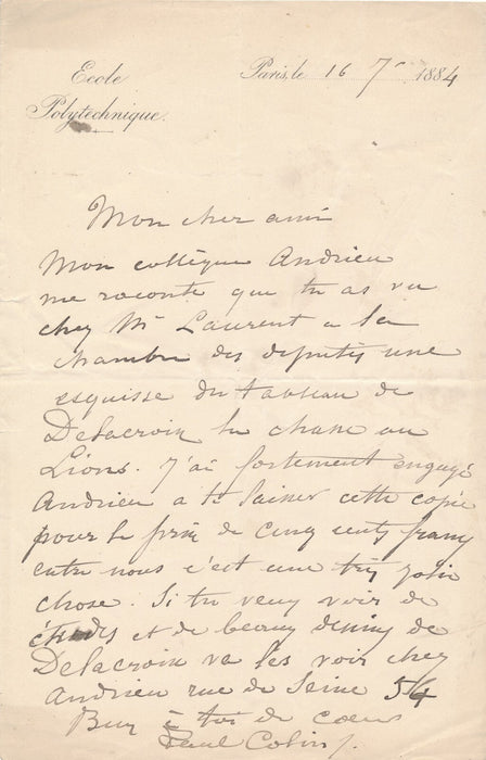 Paul Alfred COLIN Chasse lion Delacroix esquisse Pierre Andrieu autographe