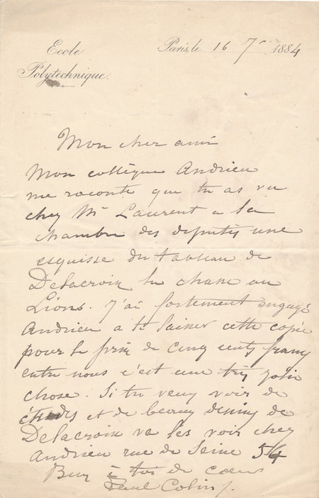 Paul Alfred COLIN Chasse lion Delacroix esquisse Pierre Andrieu autographe