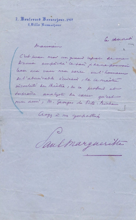 Partager Paul Margueritte bel hommage de Porto Riche lettre autographe signée analyste coeur