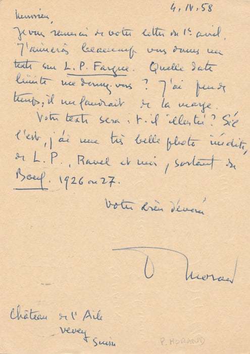 Paul MORAND 2 cartes autographes signées : il est d'accord pour texte sur Léon Paul Fargue