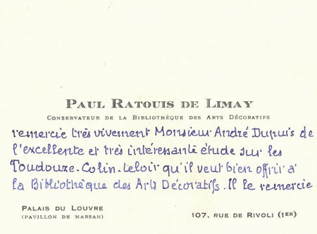 Paul RATOUIS DE LIMAY carte autographe ouvrage Toudouze Dupuis Arts décoratifs