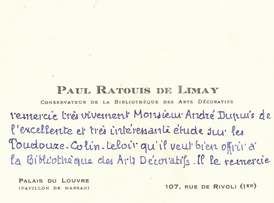 Paul RATOUIS DE LIMAY carte autographe ouvrage Toudouze Dupuis Arts décoratifs
