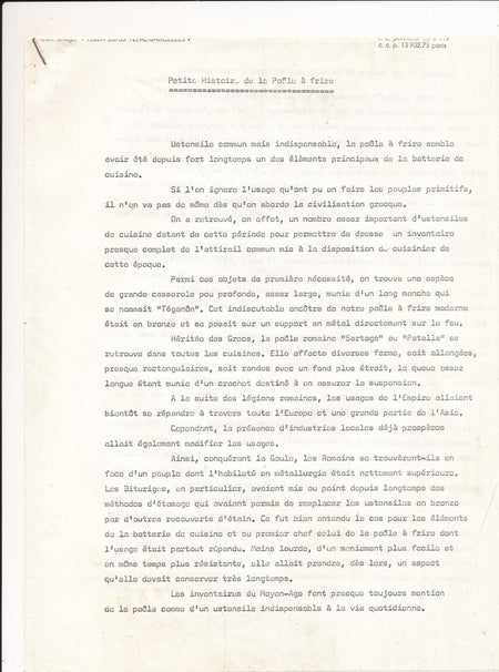 Petite histoire de la poêle à frire  3 p. dactylographiées cuisine