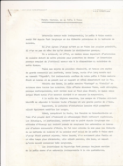 Petite histoire de la poêle à frire  3 p. dactylographiées cuisine