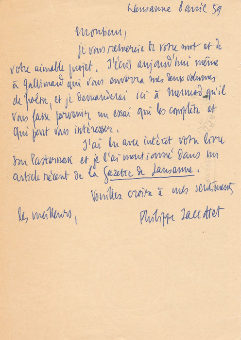 Philippe Jaccottet 2 cartes autographe signées à Yves Berger La Promenade