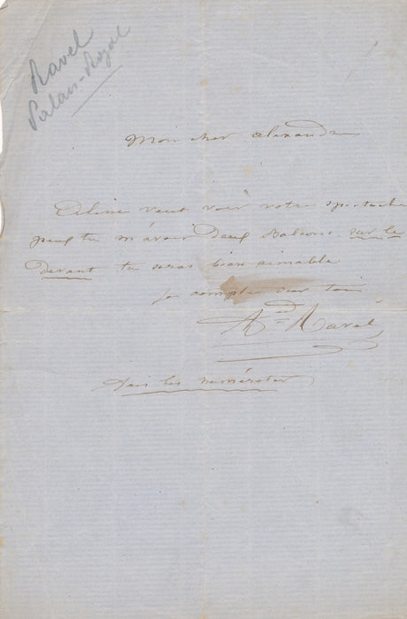 Pierre-Alfred Ravel dit Ravel lettre autographe signée demande places