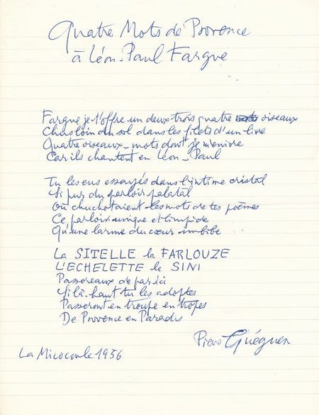 Pierre GUÉGUEN Gueguen poeme autographe signé hommage Léon Paul Fargue
