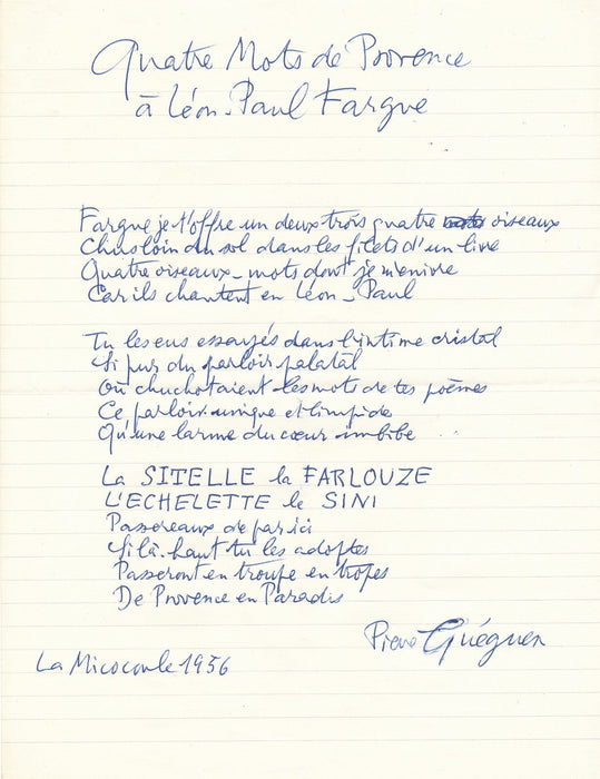 Pierre GUÉGUEN Gueguen poeme autographe signé hommage Léon Paul Fargue