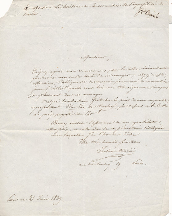 peintre Pierre Justin OUVRIÉ accepte réduction prix lettre autographe signée