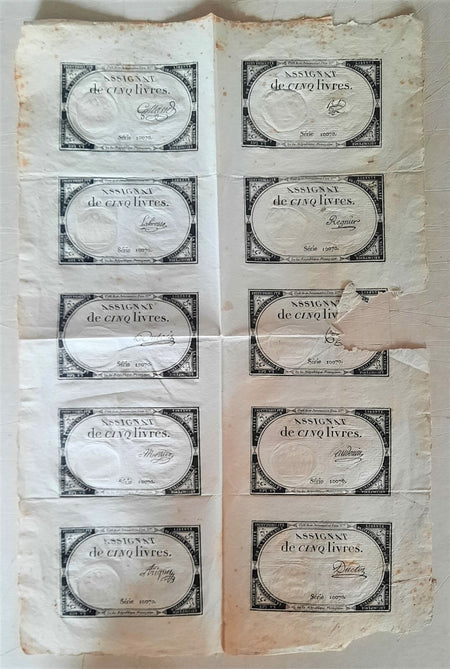 Assignat 5 livres 10 Brumaire An 2 planche de 10 série 10070
