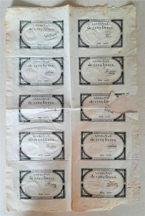 Assignat 5 livres 10 Brumaire An 2 planche de 10 série 10070