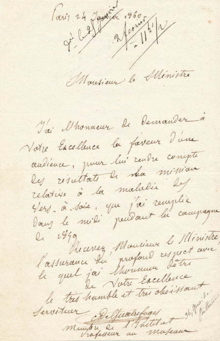 QUATREFAGES de Bréau physicien lettre autographe signée vers à soie 1860