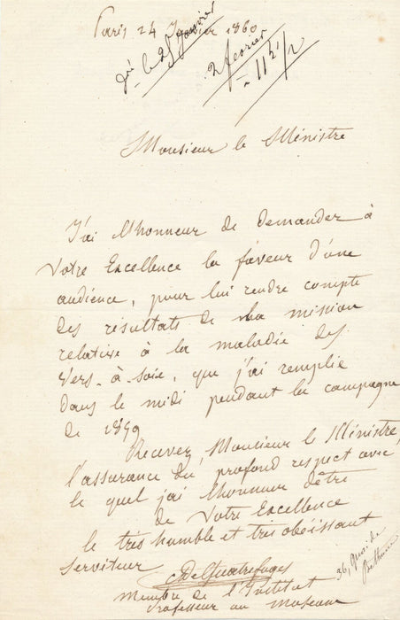 QUATREFAGES de Bréau physicien lettre autographe signée vers à soie 1860