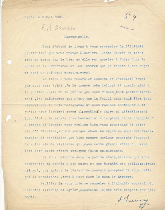 R. P. SANSON lettre signée à Céline Lhotte refus passer son texte revue Revivre