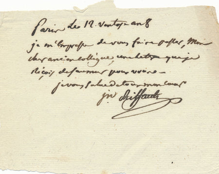 RIFFAULT DES HÊTRES chimiste billet autographe signé 1800 Saumur