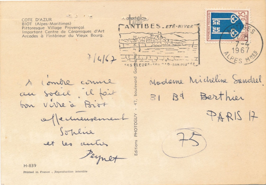 Raymond PEYNET carte postale autographe signée Biot dessinateur