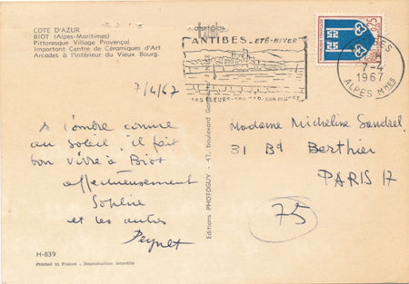 Raymond PEYNET carte postale autographe signée Biot dessinateur