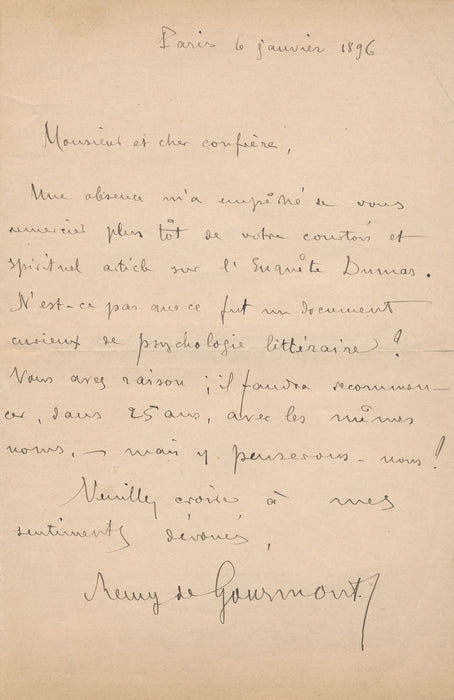 Rémy de GOURMONT lettre autographe signée l' enquête Dumas fils ! 1896