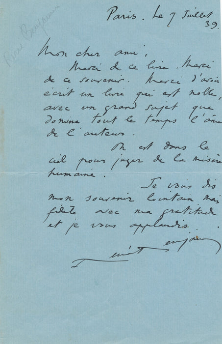 René Benjamin dans le ciel pour juger de la misère humaine lettre autographe