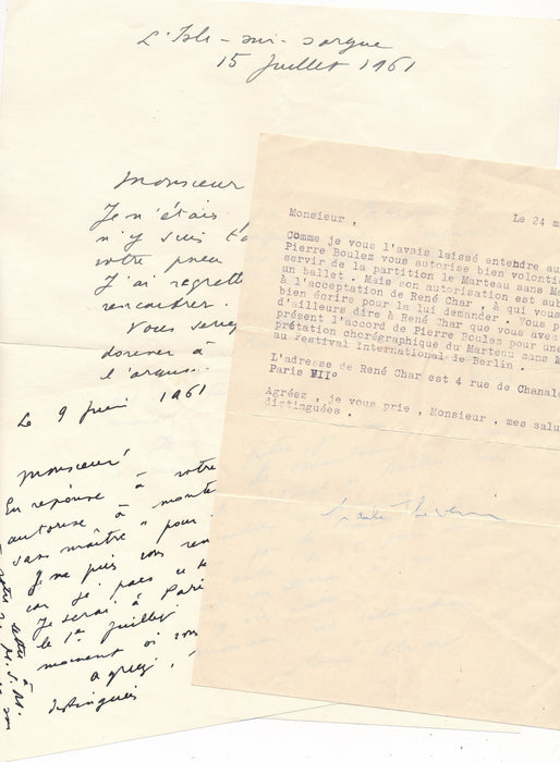 René CHAR et la version chorégraphique du Marteau sans maître autograpje lettre