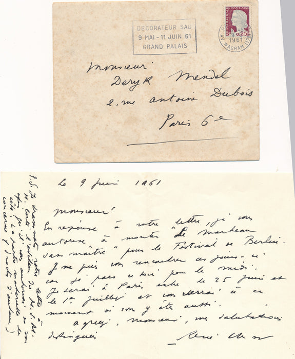 René Char lettre autographe signée Marteau sans Maître Boulez Deryk Mendel