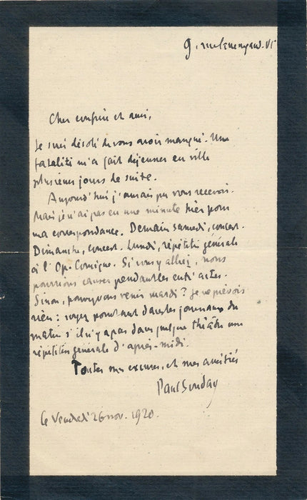 Partager Paul SOUDAY Lettre autographe signée il propose un rendez-vous aux entractes !