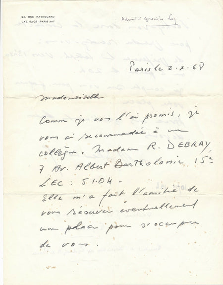 Salem SHENTOUB psychiatre psychanalyse lettre autographe signée patiente