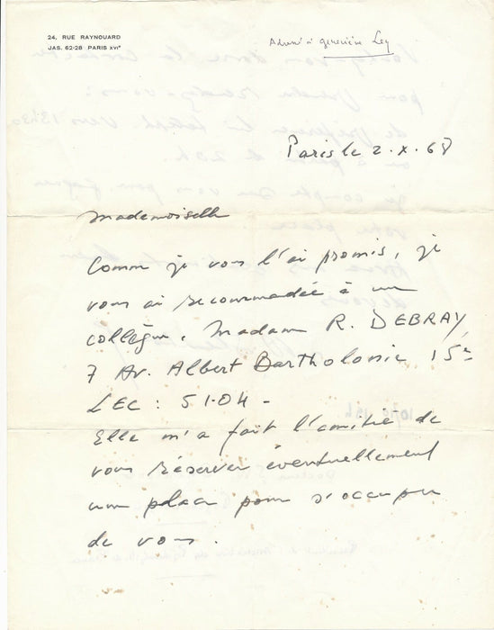 Salem SHENTOUB psychiatre psychanalyse lettre autographe signée patiente